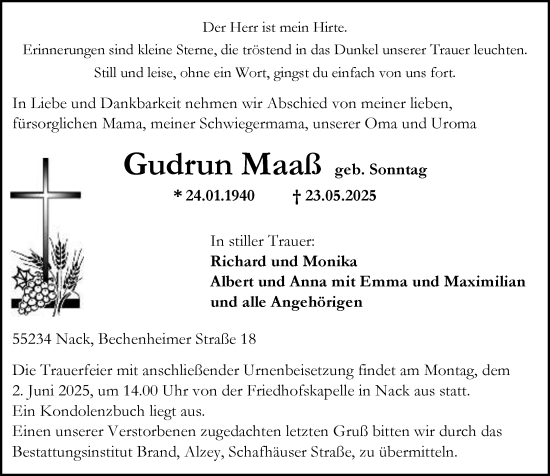 Traueranzeige von Gudrun Maaß von Allgemeine Zeitung Alzey