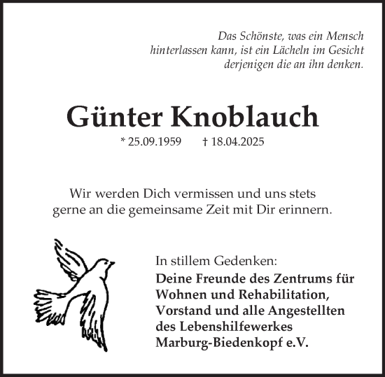 Traueranzeige von Günter Knoblauch von Hinterländer Anzeiger