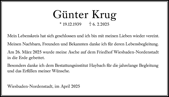 Traueranzeige von Günter Krug von Wiesbadener Kurier