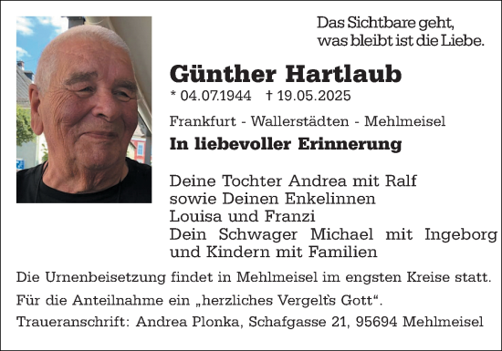 Traueranzeige von Günther Hartlaub von Groß-Gerauer Echo