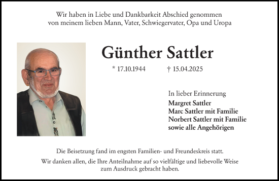 Traueranzeige von Günther Sattler von Odenwälder Echo