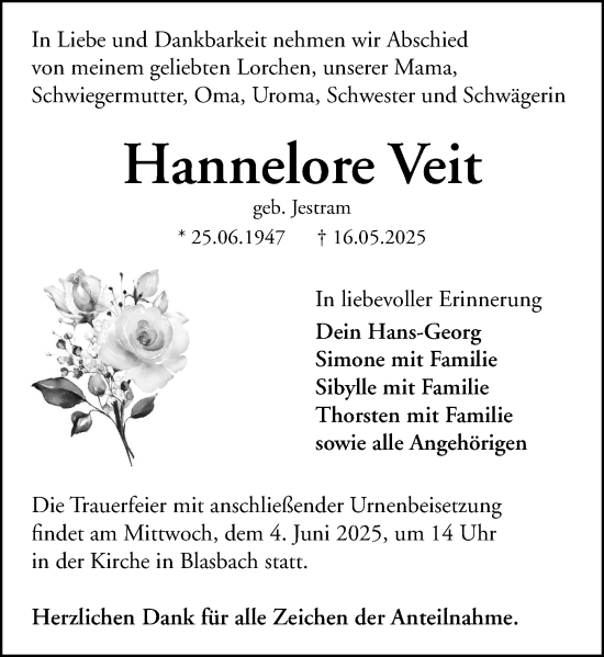 Traueranzeige von Hannelore Veit von Wetzlarer Neue Zeitung