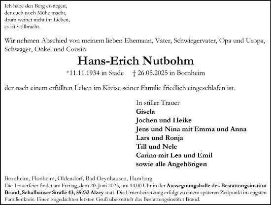 Traueranzeige von Hans-Erich Nutbohm von Allgemeine Zeitung Alzey