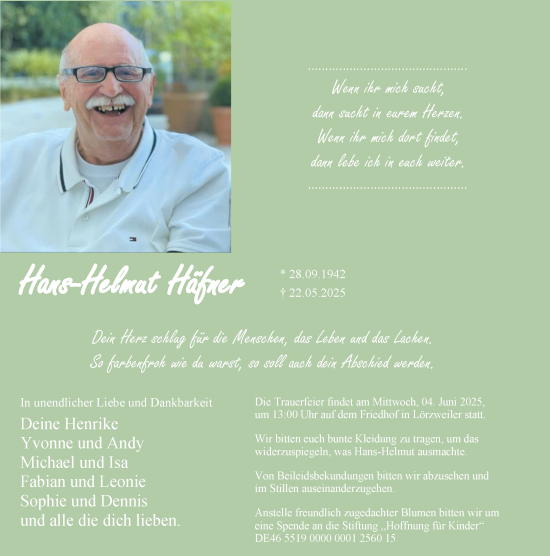 Traueranzeige von Hans-Helmut Häfner von Allgemeine Zeitung Mainz