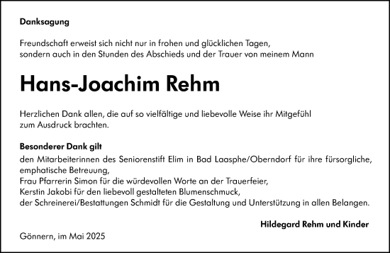 Traueranzeige von Hans-Joachim Rehm von Hinterländer Anzeiger