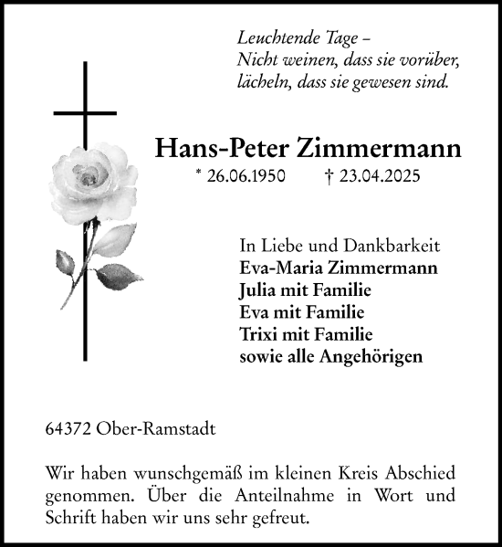 Traueranzeige von Hans-Peter Zimmermann von Darmstädter Echo