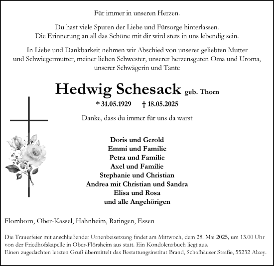 Traueranzeige von Hedwig Schesack von Allgemeine Zeitung Alzey
