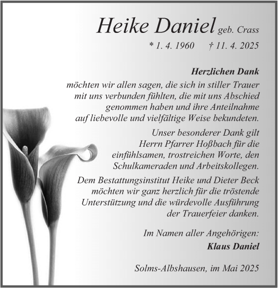 Traueranzeige von Heike Daniel von Wetzlarer Neue Zeitung