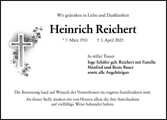 Traueranzeige von Heinrich Reichert von Rüsselsheimer Echo