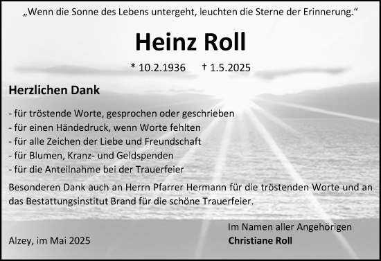 Traueranzeige von Heinz Roll von Allgemeine Zeitung Alzey