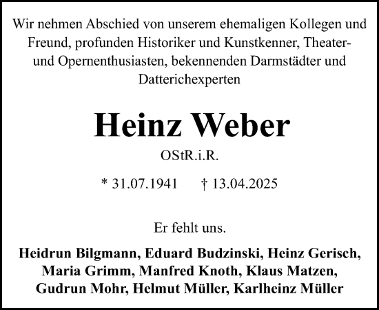 Traueranzeige von Heinz Weber von Darmstädter Echo