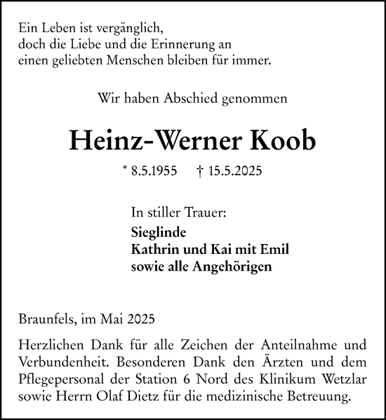 Traueranzeige von Heinz-Werner Koob von Wetzlarer Neue Zeitung