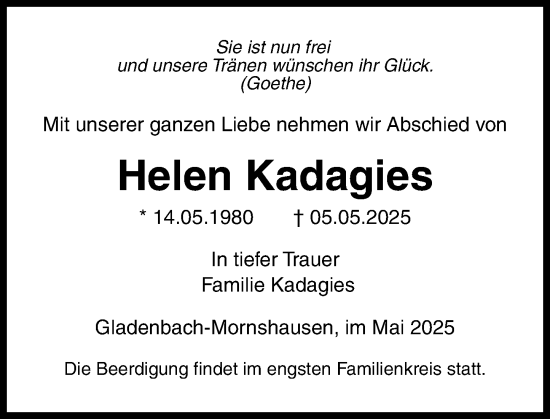 Traueranzeige von Helen Kadagies von Hinterländer Anzeiger