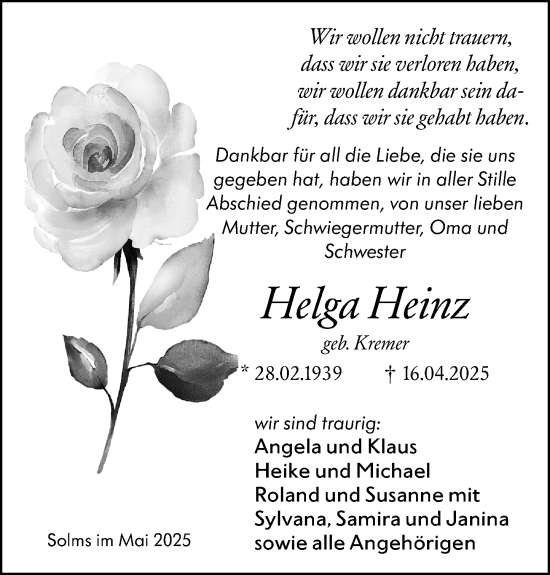 Traueranzeige von Helga Heinz von Weilburger Tageblatt