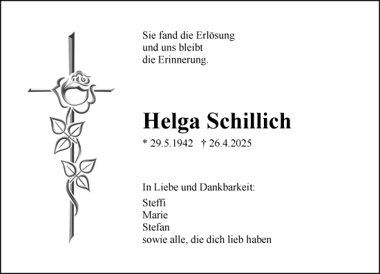 Traueranzeige von Helga Schillich von Rüsselsheimer Echo