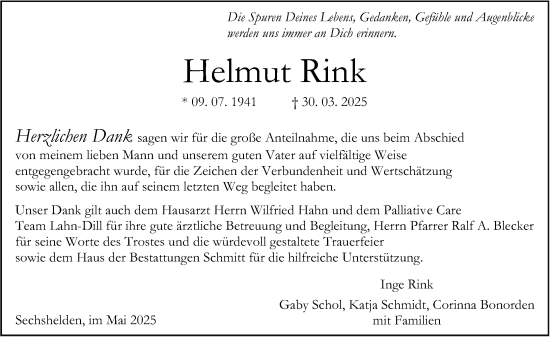 Traueranzeige von Helmut Rink von Dill Block