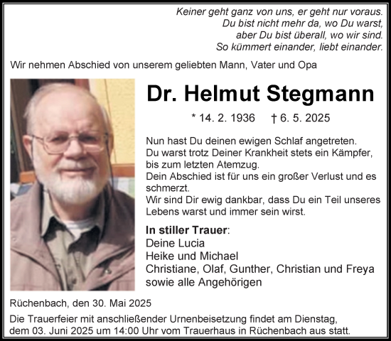 Traueranzeige von Helmut Stegmann von Hinterländer Anzeiger