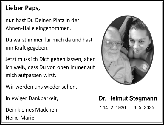 Traueranzeige von Helmut Stegmann von Hinterländer Anzeiger