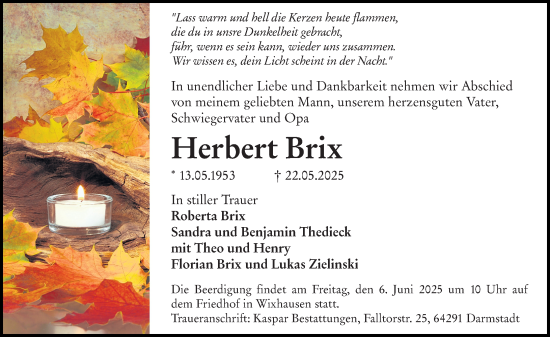 Traueranzeige von Herbert Brix von Darmstädter Echo