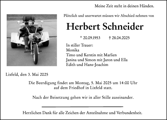 Traueranzeige von Herbert Schneider von Hinterländer Anzeiger