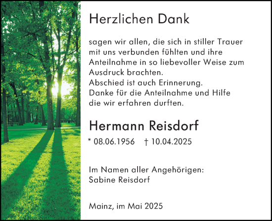 Traueranzeige von Hermann Reisdorf von Allgemeine Zeitung Mainz