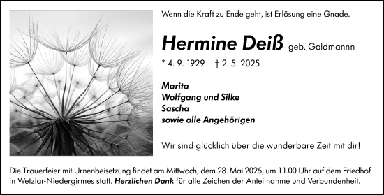 Traueranzeige von Hermine Deiß von Wetzlarer Neue Zeitung