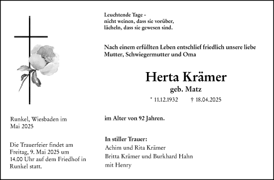 Traueranzeige von Herta Krämer von Weilburger Tageblatt