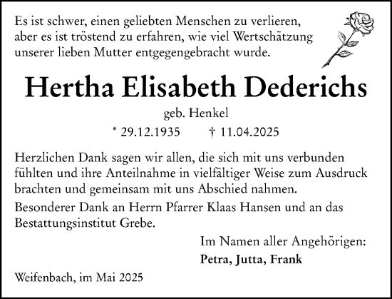 Traueranzeige von Hertha Elisabeth Dederichs von Hinterländer Anzeiger