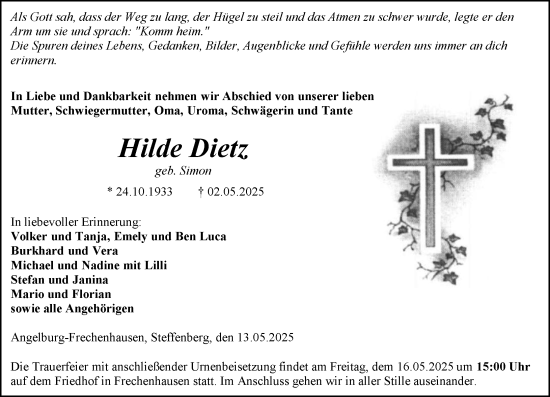 Traueranzeige von Hilde Dietz von Hinterländer Anzeiger