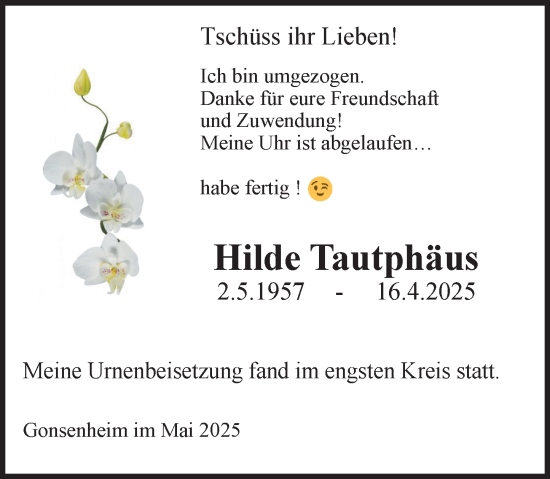 Traueranzeige von Hilde Tautphäus von Allgemeine Zeitung Mainz