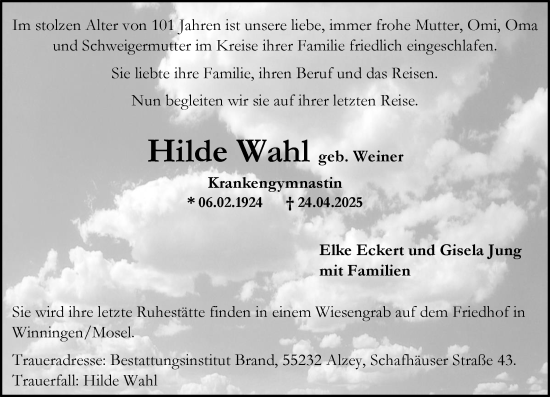 Traueranzeige von Hilde Wahl von Allgemeine Zeitung Alzey