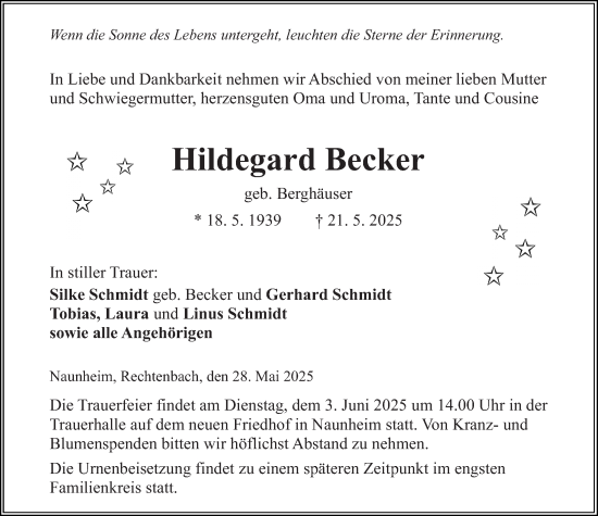 Traueranzeige von Hildegard Becker von Wetzlarer Neue Zeitung