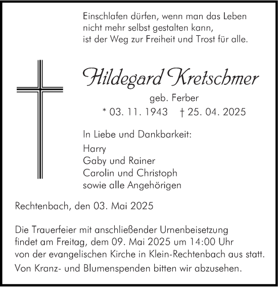 Traueranzeige von Hildegard Kretschmer von Wetzlarer Neue Zeitung