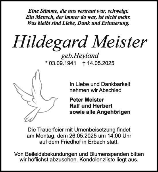 Traueranzeige von Hildegard Meister von Odenwälder Echo