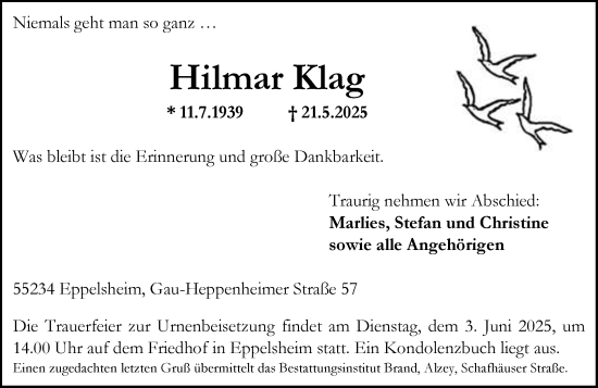 Traueranzeige von Hilmar Klag von Allgemeine Zeitung Alzey