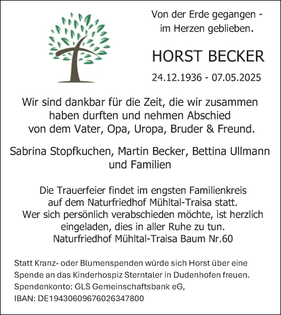 Traueranzeige von Horst Becker von Darmstädter Echo