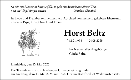 Traueranzeige von Horst Beltz von Nassauische Neue Presse