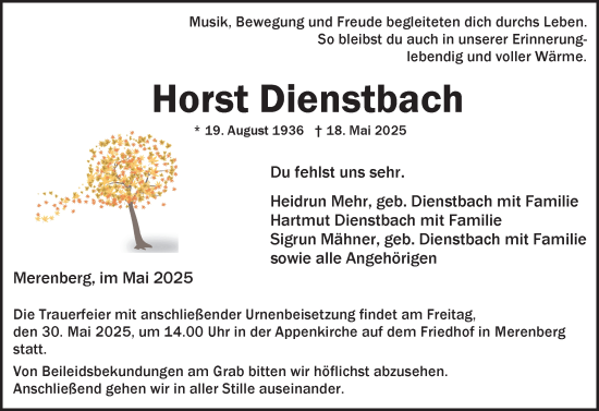 Traueranzeige von Horst Dienstbach von Weilburger Tageblatt
