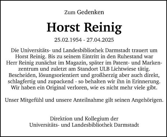 Traueranzeige von Horst Reinig von Darmstädter Echo