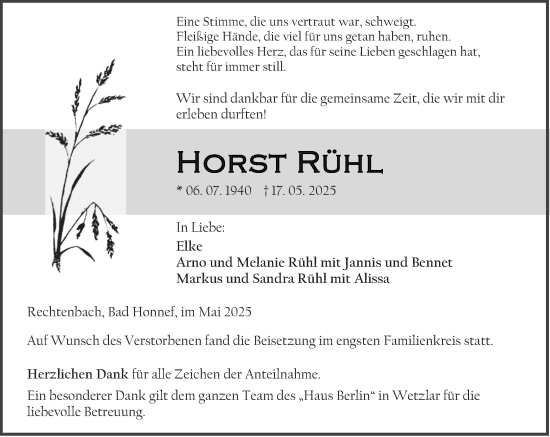 Traueranzeige von Horst Rühl von Wetzlarer Neue Zeitung