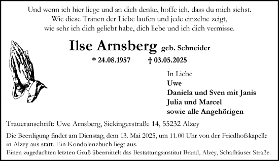 Traueranzeige von Ilse Arnsberg von Allgemeine Zeitung Alzey