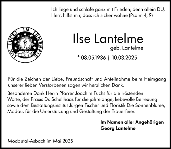Traueranzeige von Ilse Lantelme von Darmstädter Echo