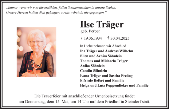 Traueranzeige von Ilse Träger von Wetzlarer Neue Zeitung