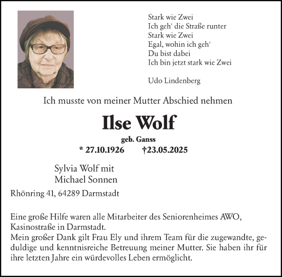 Traueranzeige von Ilse Wolf von Darmstädter Echo