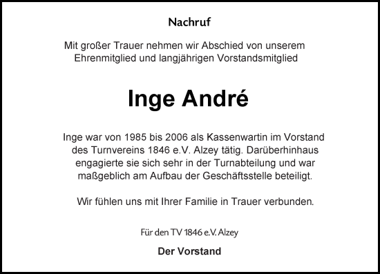 Traueranzeige von Inge Andre von Allgemeine Zeitung Alzey