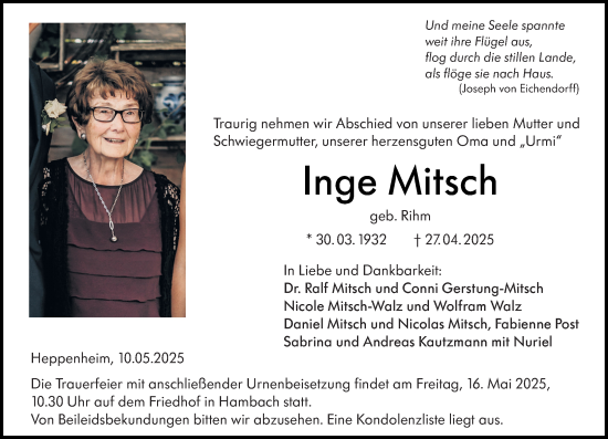 Traueranzeige von Inge Mitsch von Starkenburger Echo