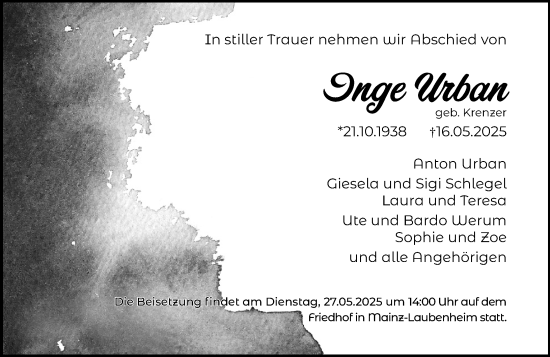 Traueranzeige von Inge Urban von Allgemeine Zeitung Mainz