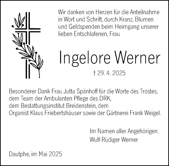 Traueranzeige von Ingelore Werner von Hinterländer Anzeiger