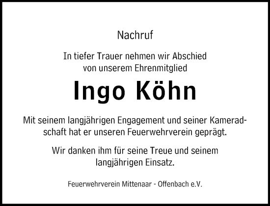 Traueranzeige von Ingo Köhn von Dill Block