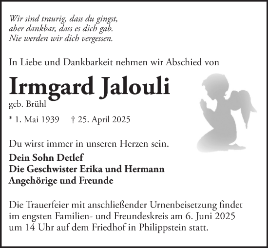 Traueranzeige von Irmgard Jalouli von Wetzlarer Neue Zeitung